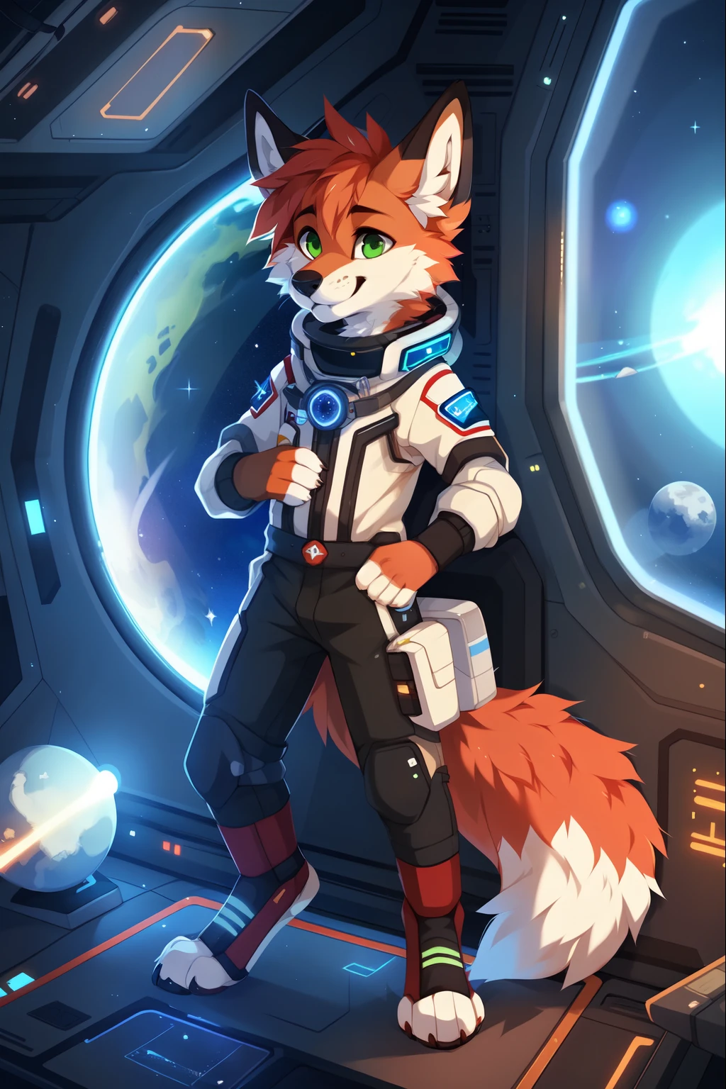 solo,full body,Male,fox,green eyes,brown hands,astronaut,Space,Spacecraft,Science Fiction,space station,Stellaris, ((by keihound, by reysi)), by Zackary911, by hyattlen, by fumiko, by fluff-kevlar, Furry, Anthro,