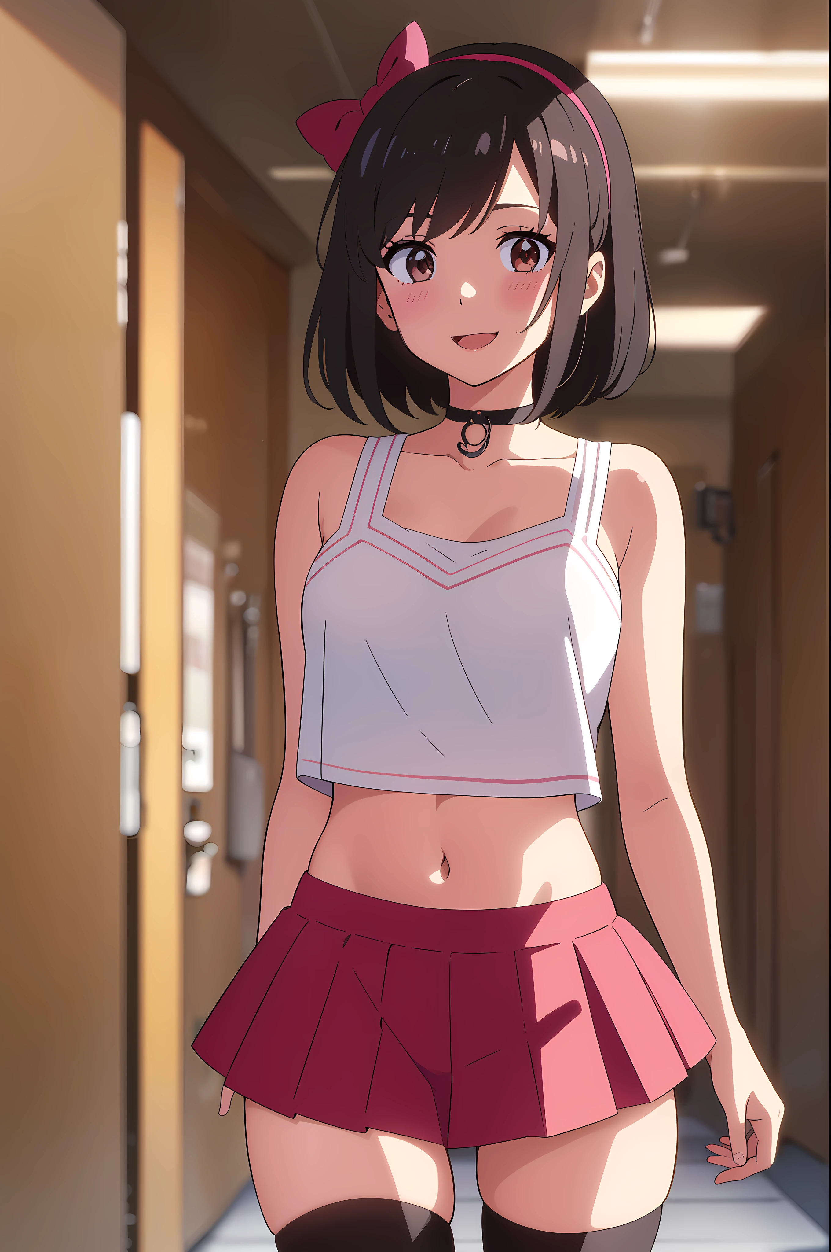 shinkai makoto, kimi no na wa., 1girl, bangs, black hair, blush, brown eyes, idol, idol dress, collarbone, red headband, red ribbon, pink crop top, pink skirt, black thighhighs, short hair, smile, cute, solo, open mouth, bare shoulder, white background, modelling, upper-body