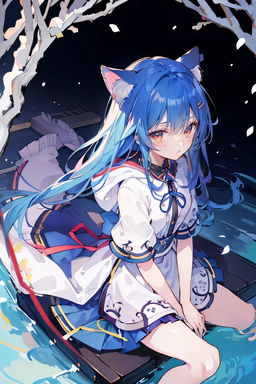 (masterpiece:1.2),Super detailed,lifelike,Expressive eyes,fair skin,perfect face shape,1 girl,
Japanese comics,Gorgeous blue hair,flowing blue hair,flowing clothes,Cat ears,Petals fall,beautiful lola,Baby Angel,
Shaking head with one hand,Cross your legs,Gentle and peaceful background,The pavilion is cool and comfortable,smile, wearing hoodie, background of tokyo,back views,snowing, winter,lie on the water.