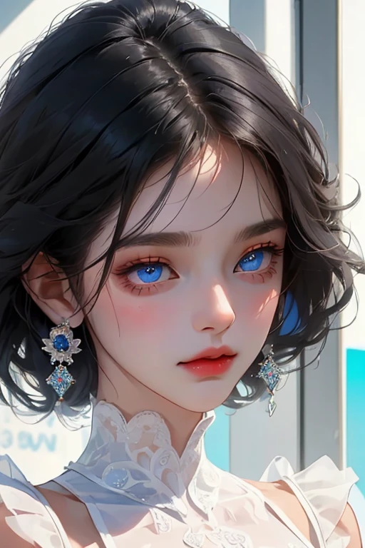 ultra-detailed,1 female, Black Hair, Blue Eyes, Delicate face, cute, Love Earrings, White Dress, Standing in front of the police station, Surreal,symmetrical eyes, beautiful eyes