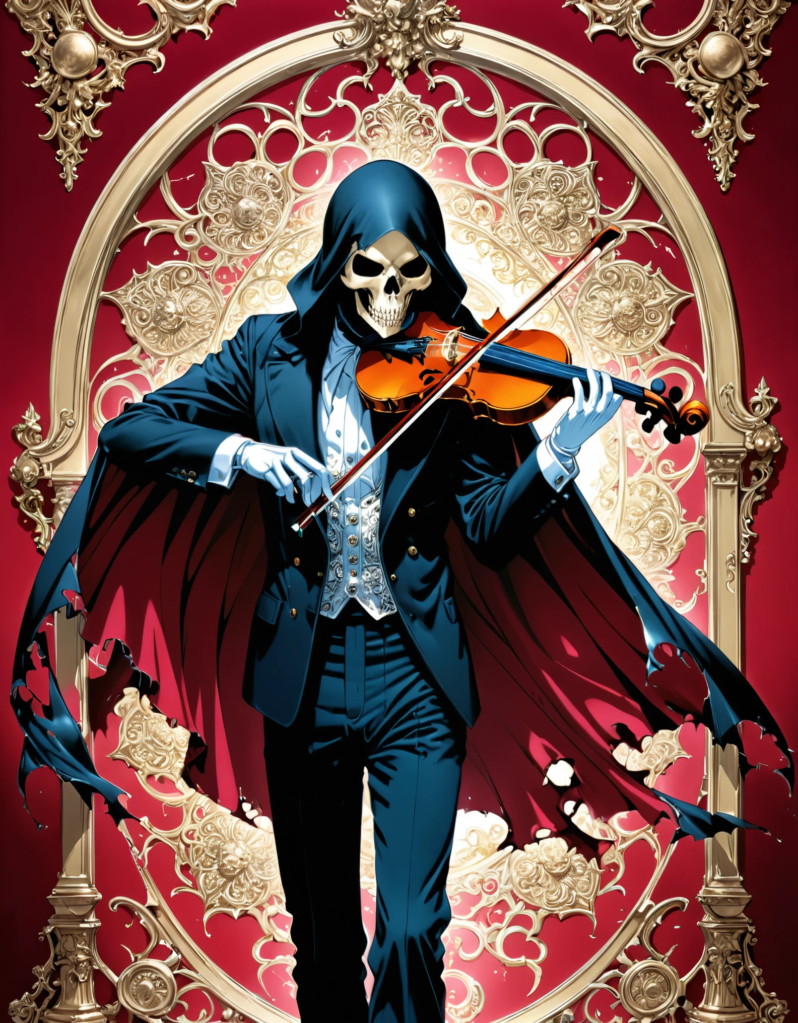 rococo,(Anime line drawing:1.5),1990s \(style\),retro,extreme detailism,insanely detailed and intricate, hypermaximalist, elegant, ornate, hyper realistic, super detailed
BREAK
((crimson:1.2) and musical note swirl background:1.3),(vortex energy:1.2),
BREAK
(Reaper:1.3),playing the violin,(violin:1.3),(bows:1.3),(pulling:1.3),(broken torn cape:1.4),
in style of Nick Veasey,by Hirohiko Araki,guro,cover,1980s anime,