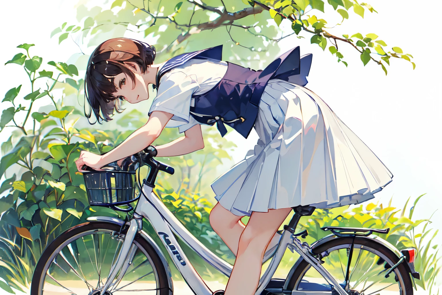 (highest quality、masterpiece)、((A girl gets off her bike and pushes it、alone、whole))、(From the side)、(Cute Face)、short hair、White Sailor Suit、uniform、Long skirt、Pleated skirt、shoes、(No background)、((White Background))、Blur the background、(Watercolor of singer Sargent)、Impressionist style painting、