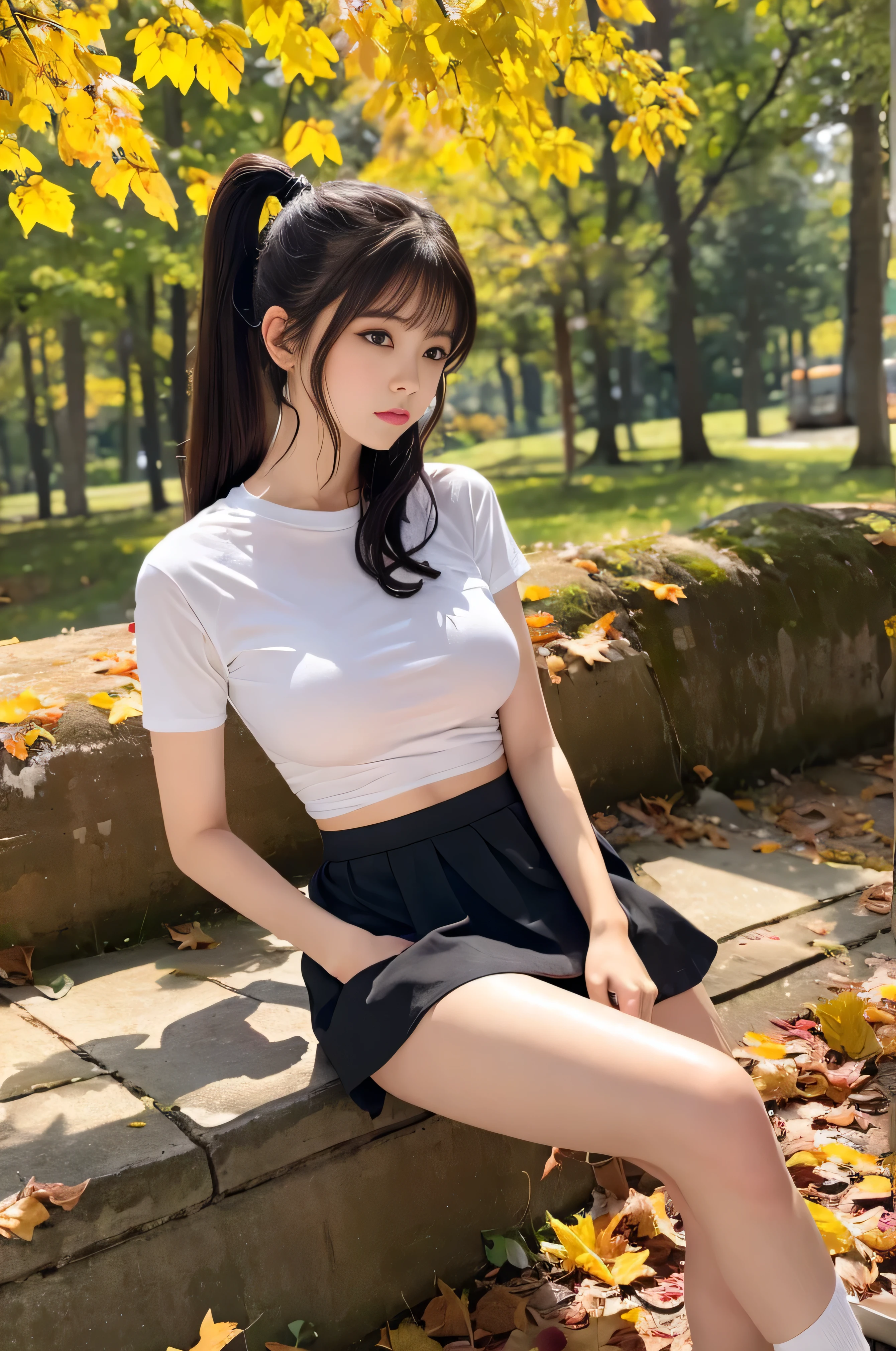 young,(mini skirt),T-Shirts,Teenage Girls,Delicate body, body,Delicate body,short,Black-haired,Twin tails,ponytail,Masseter muscle area、sottle Woman、shortcut、Large Breasts、Natural color clothes、Natural look、highest quality、Ultra-detailed、High quality details、8k、autumn leaves:1.5、deep autumn forest、Tree leaking day、silence