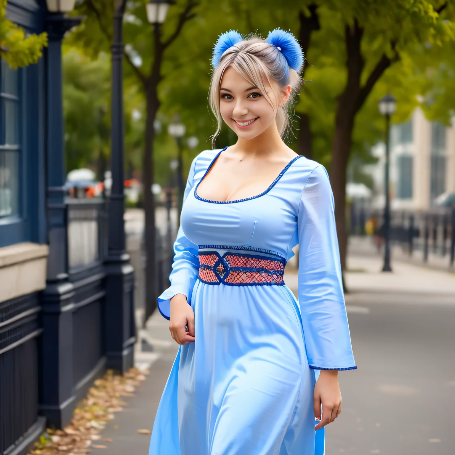 masterpiece, best quality, 1girl, solo, long hair, looking at viewer, smile, bangs, hair ornament, red eyes, long sleeves, dress, standing, collarbone, white hair, grey hair, alternate costume, wide sleeves, tree, chinese clothes, hairpin, hanfu, ningguang (genshin impact), Ningguang,  