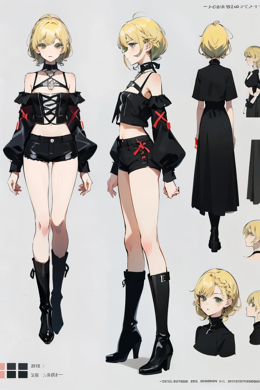 anime girl, blonde, short braid hair, serious face, goth, short black haket, long boots, wristbrand, cyberpunk, thighs, green eyes. black mini shorts, short slleve, big chest, big thigh. simples background, model sheet, chara-sheet