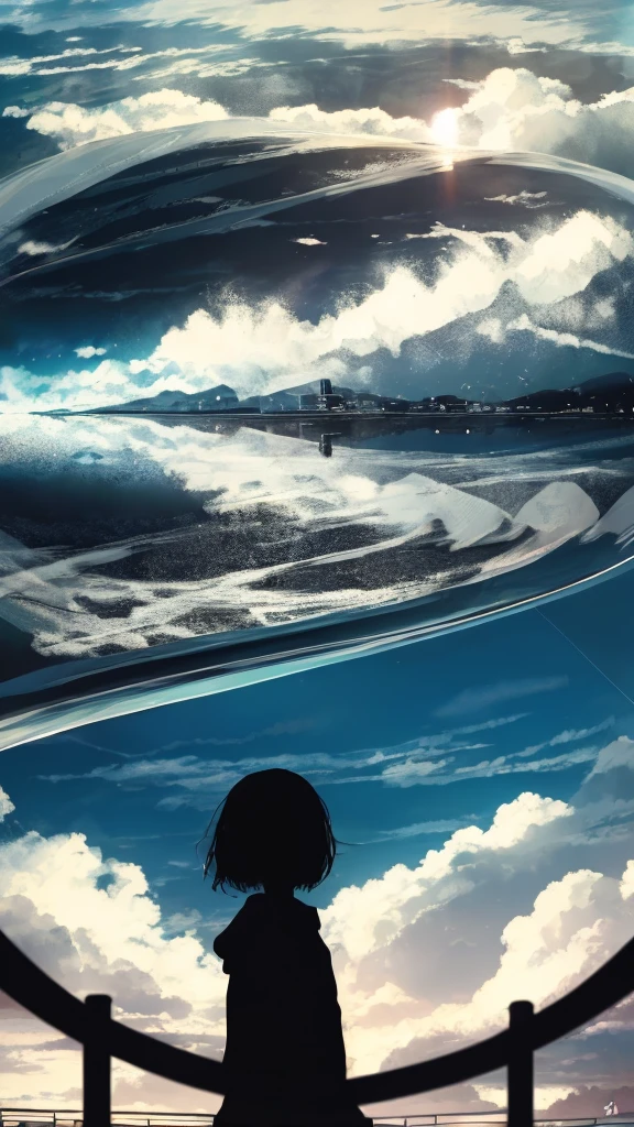 anime,silhouette,1girl, cloud, outdoors, skyscraper, city lights, blue sky, skyline,morning,waking,In nature,Mountain,Couple,Black and white only,The most interesting flower in the area