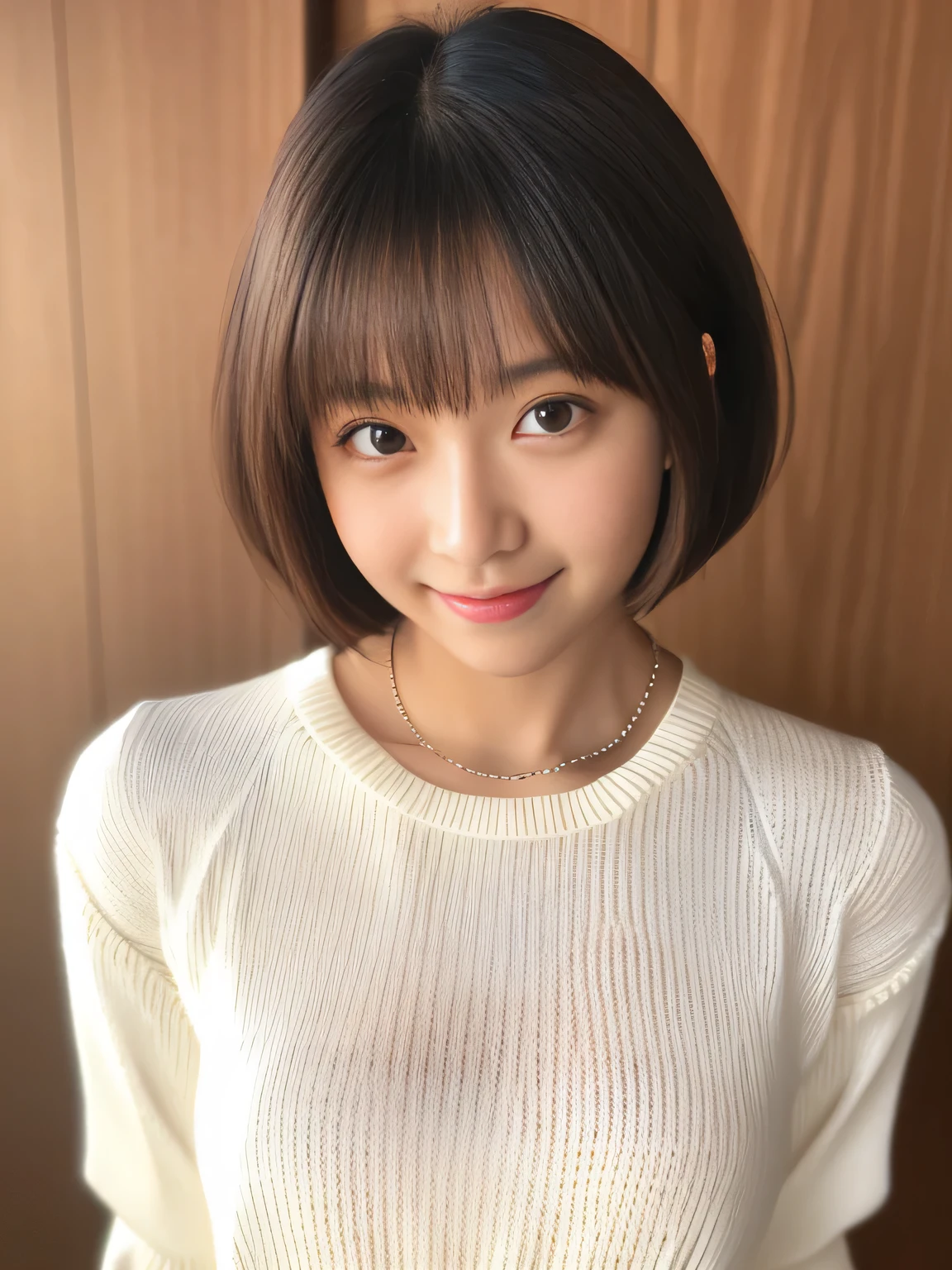 (masterpiece、highest quality、Official Art:1.2)、
Japan 18-year-old girl, dark, indoor, Old wooden Japanese-style room, ((white knit sweater dress:1.3)), whole body, One Girl, ((Very beautiful portrait)), (Glowing Skin)), Raw photo, (masterpiece, 最high quality, Hyper Detail, Cinema Lighting, Intricate details, High resolution, 8k, Very detailed), Detailed Background, 8k UHD, Digital SLR, Soft lighting, high quality, Film Grain, Fujifilm XT3, Shallow depth of field, Spotlight, throw, Open your mouth, Mastoid process, Big breasts staring at the viewer, short hair、Silver Hair、Pink bangs、Silver Hair,Dark Skin、Brown Skin、Severely sunburned skin、Gal-style necklace、Gal style bracelet、Gal Style Accessories,
huge shy smile , big eyes:1.3 , random cute pose , Leaning forward, Lean back, Claw Pose, Random attractive poses