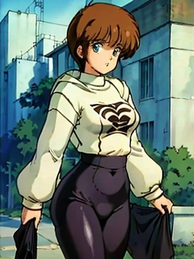 Casca \(berserk\), 1girl, solo, medium breasts, retro artstyle, 1990s \(style\), she walks towards the camera in the street, she is wearing a black tight suit with a large sweatshirt