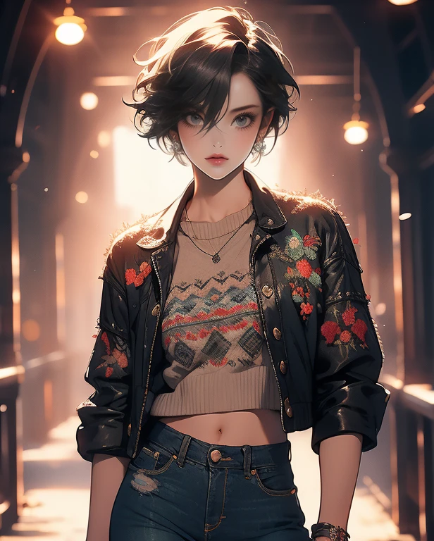 masterpiece, high quality,1girl,solo,middle breast , short hair, (hair between eyes),(00BFFE pixie cut), Disappointed face,(Embroidered sweater, Cropped flare jeans, Leather blazer), emerald eyes