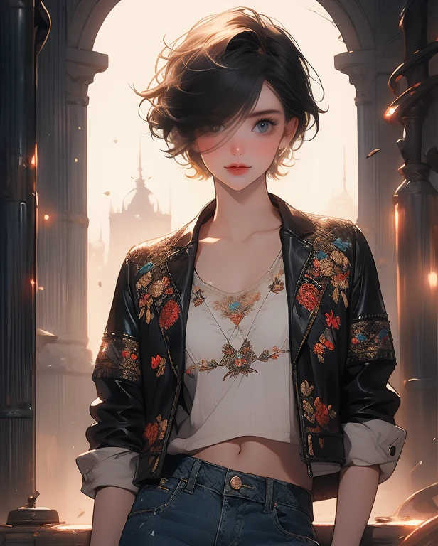 masterpiece, high quality,1girl,solo,middle breast , short hair, (hair between eyes),(00BFFE pixie cut), Disappointed face,(Embroidered sweater, Cropped flare jeans, Leather blazer), emerald eyes