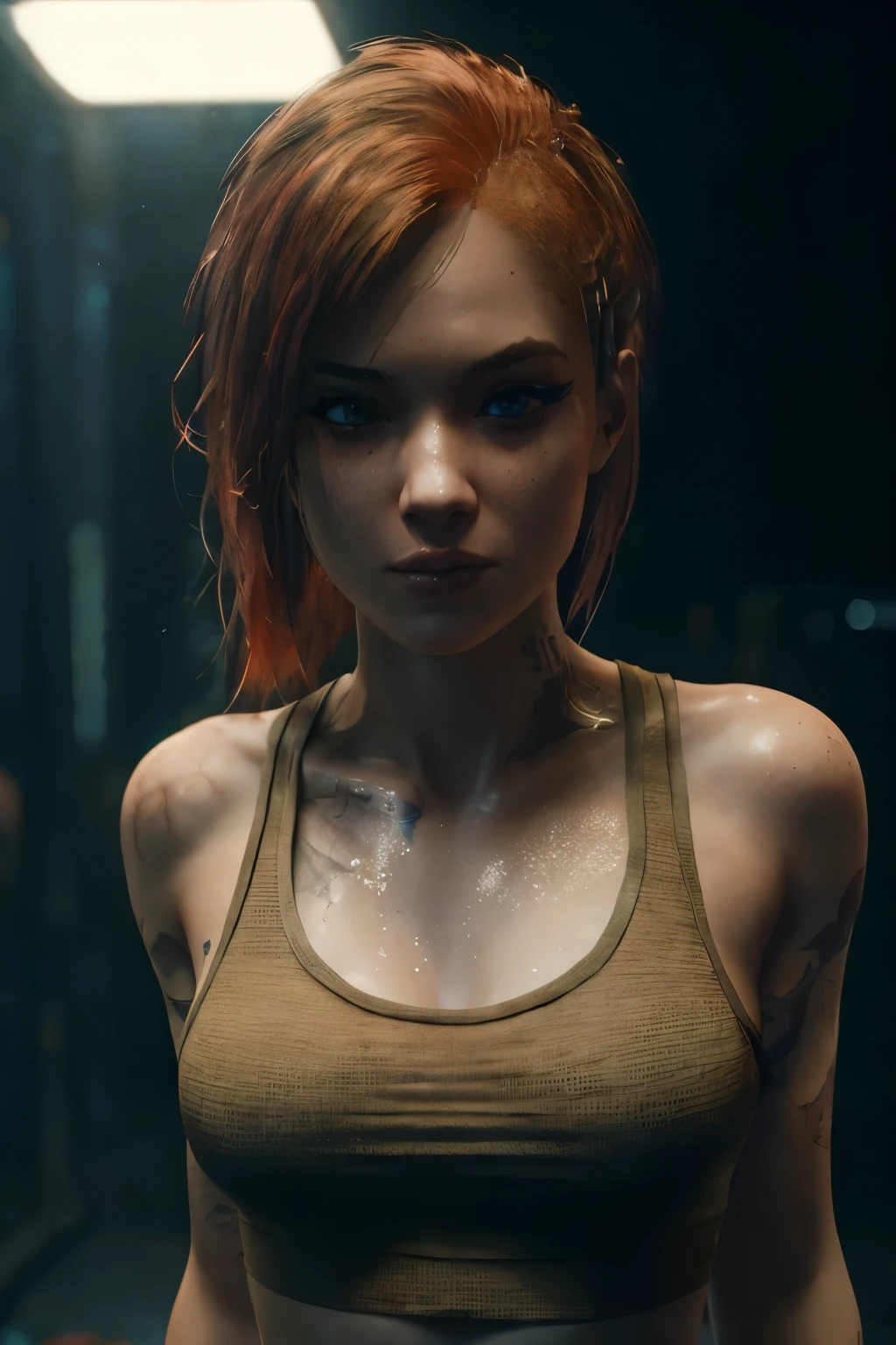 A woman with red hair and a tank top standing in a room, cinematic body shot, cinematic bust shot, detailed cinematic rendering, cinematic realistic portrait, arte do personagem do motor irreal, cinematic bust portrait, Personagem pequeno. Motor irreal 5, cinematic close-up of the bust, Body Shot of the Cinematic Goddess, suado 4 k, estilo cyberpunk hiper-realista, 8k portrait rendering