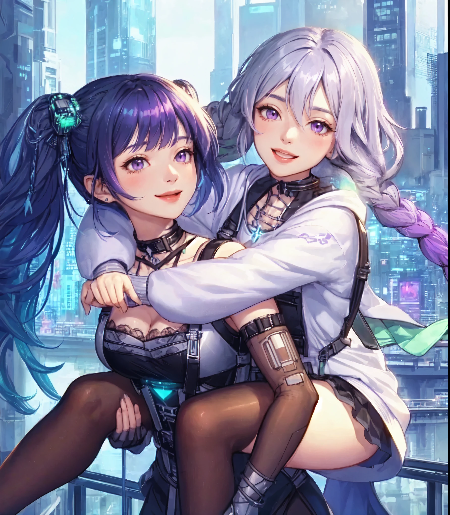 2ladies, (1lady carrying the other on back), walking, (futuristic costume) stylish, mature female, (masterpiece best quality:1.2) delicate illustration ultra-detailed, large breasts BREAK 1lady, (silver long hair), (gradient hair) purple, blush happy smile, (open mouth), purple eyes BREAK 1lady, looking back, (dark blue long hair) bangs, (gradient hair) green, (kind smile) BREAK (futuristic city) outdoors, soft lighting, science fiction, detailed background