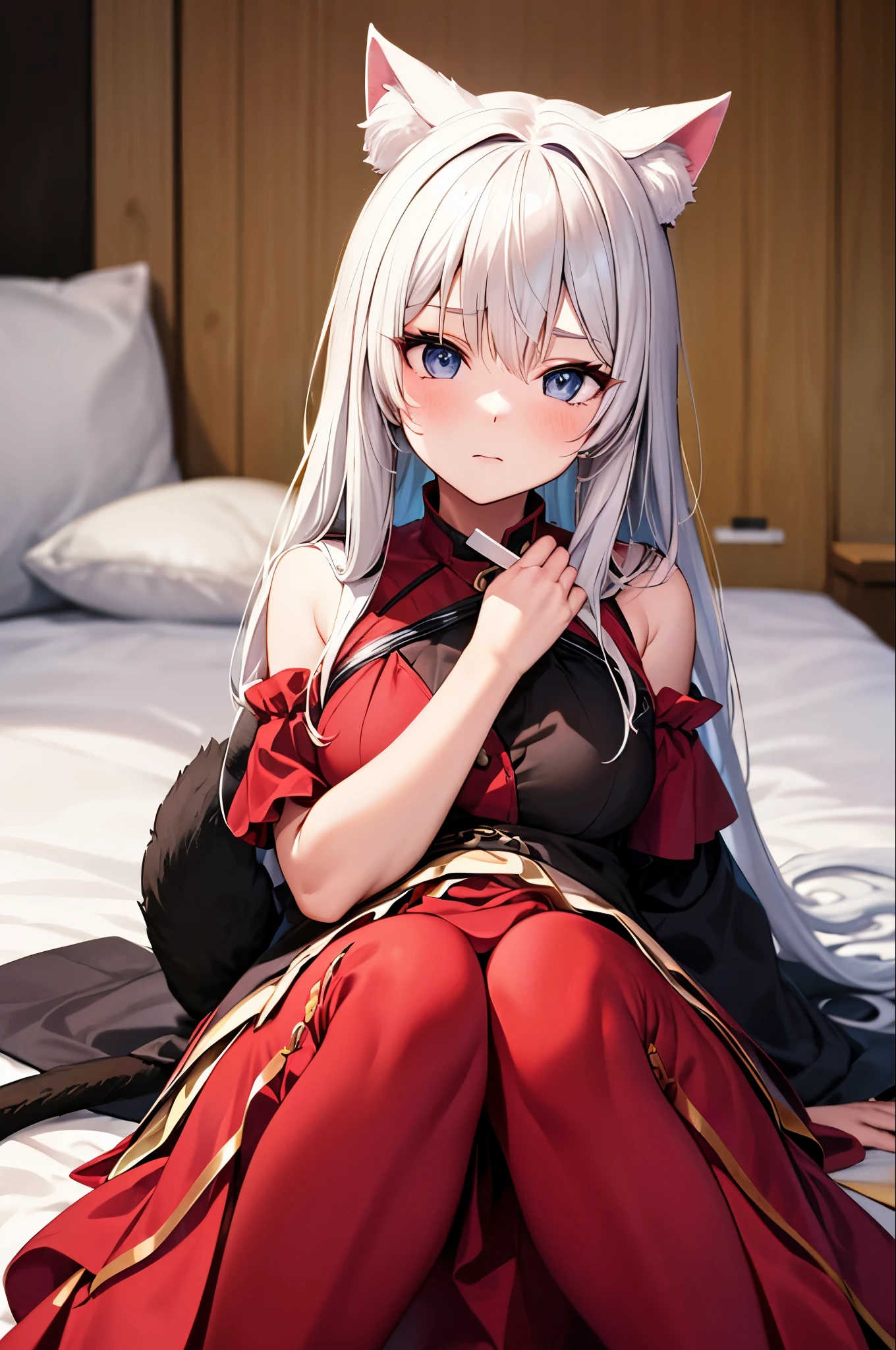 Long hair anime girl sitting on the bed, Cat ear, From the front of the girl, Cute anime waifu in beautiful clothes, Enchanting anime girl, White-haired God, Exquisite detail. , Anime 4k