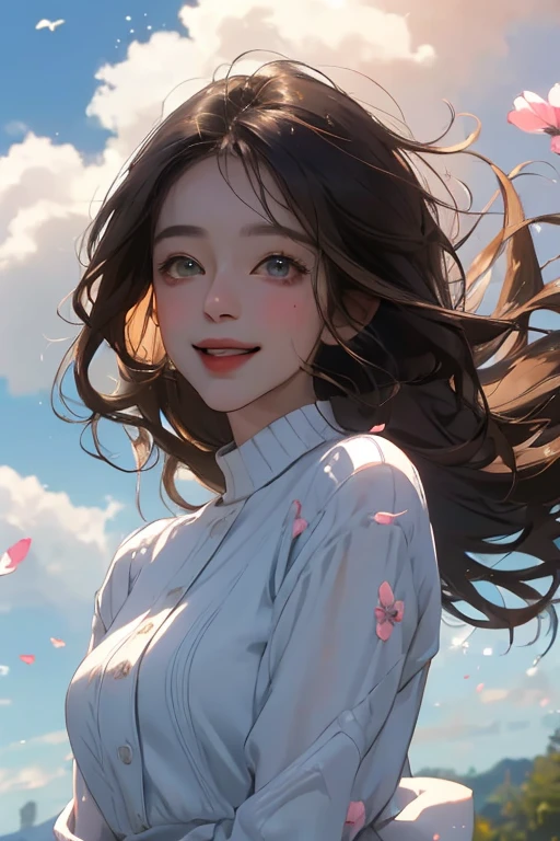 ultra-detailed,masterpiece, anime, cute, cute, romantic, highest quality, 2 others, Couple, mature, Adult, Height difference, Different Fashion, Different colors, Casual clothing, Long sleeve, smile, Happy, like, Swirling Wind, blue sky, Long-haired men, Light brown haired man, Black-haired woman, Black-haired woman,symmetrical eyes, beautiful eyes