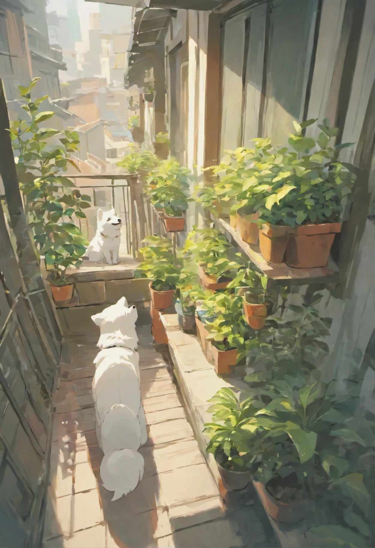 one dog,Samoyed dog,Balcony,Watching over a small plant,Staring at a potted plant,Asahi,Japan animated style,soft colors,Natural pose