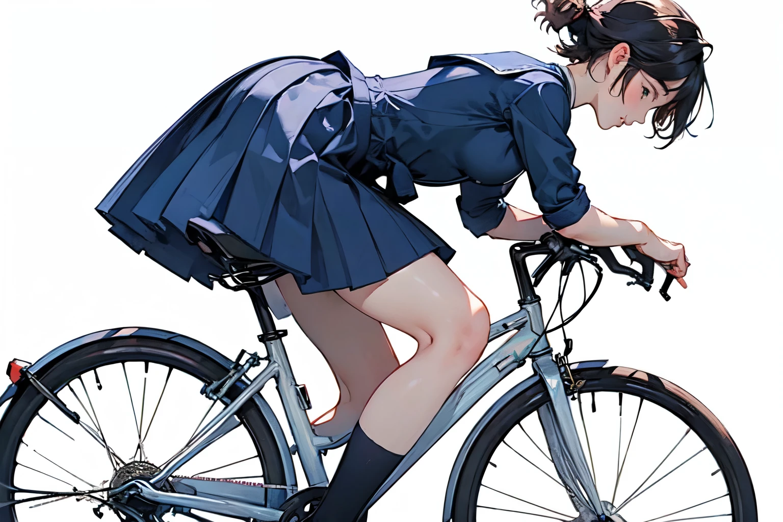 (highest quality、masterpiece)、((A girl gets off her bike and pushes it、alone、whole))、(From the side)、(Cute Face)、short hair、White Sailor Suit、uniform、Long skirt、Pleated skirt、shoes、(No background)、((White Background))、Blur the background、(Watercolor of singer Sargent)、Impressionist style painting、