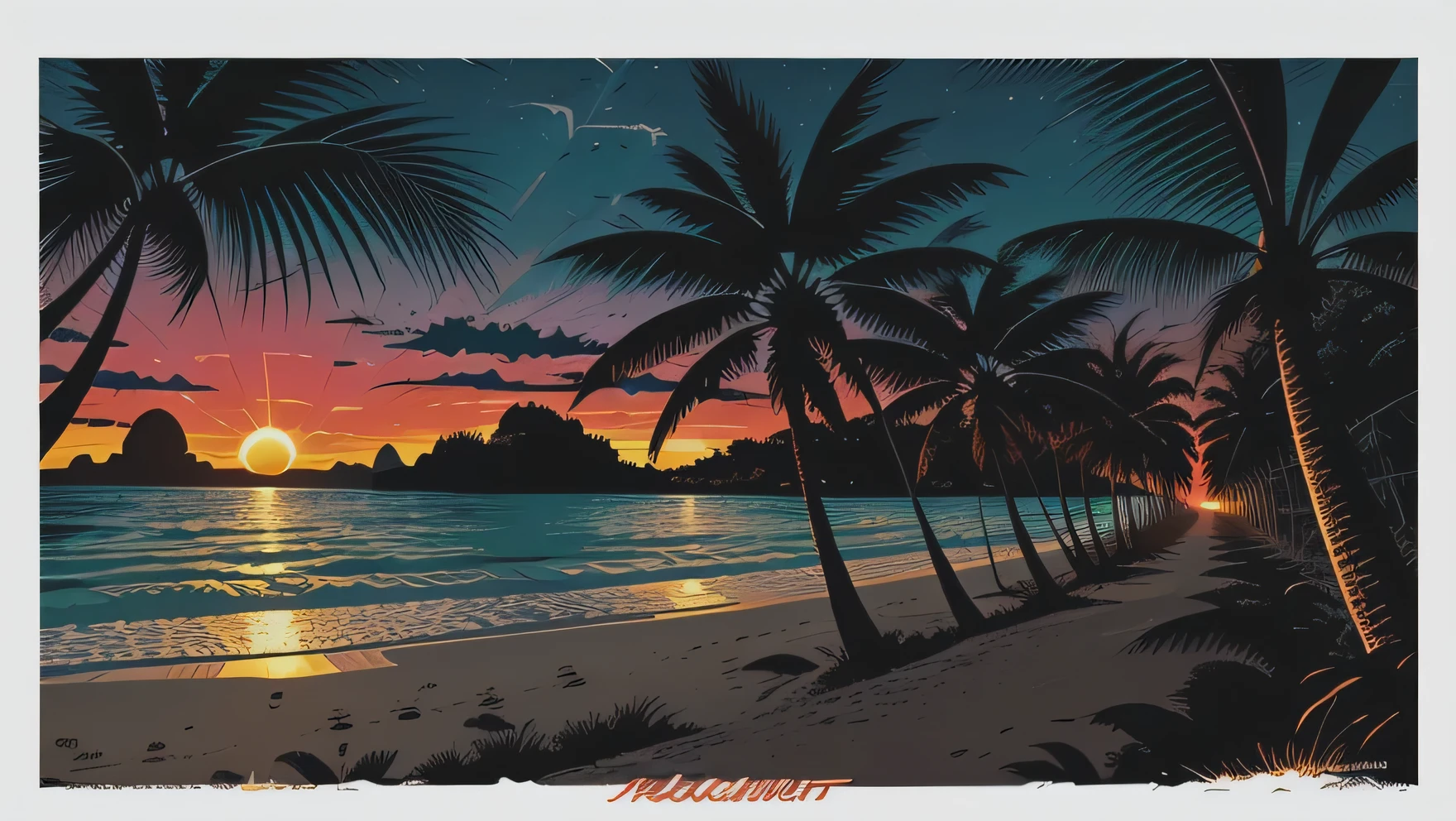 Musical tropical vector illustration of a beach sunset, In the style of Dan Mumford, Vintage aesthetic, Nature-inspired artwork, Dark and gloomy landscape, tropical landscape,Palm tree,Seaside