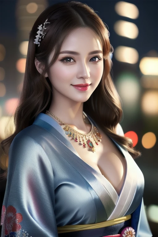 a beautiful russian woman in her 20s, light brown hair, fine white skin, attractive face, tight waist, cleavage, smiling kindly, wearing stylish clothes and necklace, active posing, detailed eyes, nose, lips, long eyelashes, perfectly balanced body, rough hairstyle, (best quality,8k,highres,masterpiece:1.2),ultra-detailed,(realistic,photorealistic,photo-realistic:1.37),HDR,UHD,studio lighting,ultra-fine painting,sharp focus,physically-based rendering,extreme detail description,professional,vivid colors,bokeh,portrait,beautiful night scenery,kimono,geisha、Modern