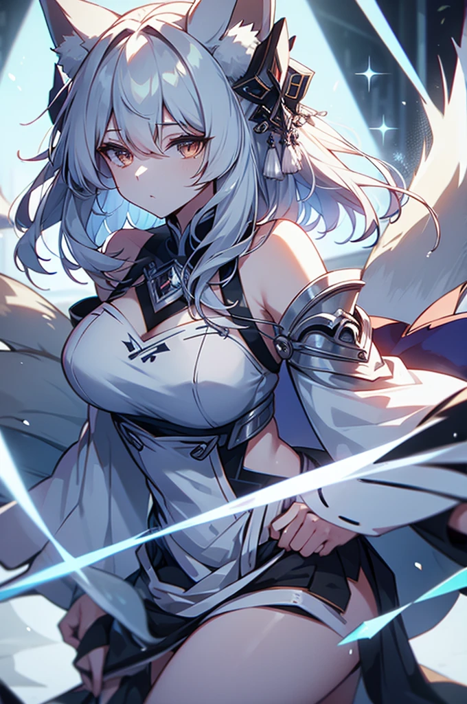 injured,torn_clothes,dirty,nine tails,woman,fox ears, silver hair,crystal and silver entanglement