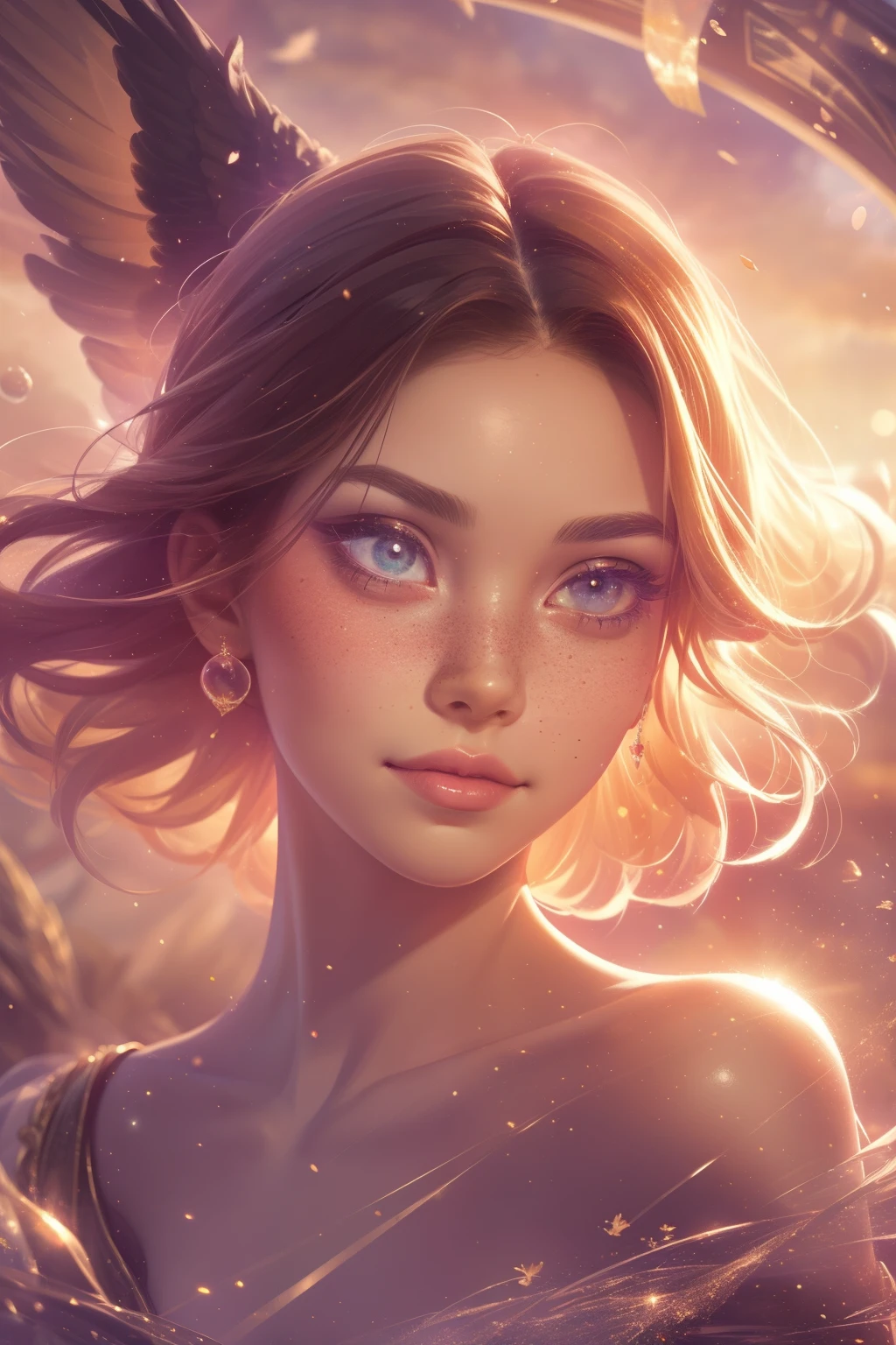 (This is a beautiful, intricate, (romatic) fantasy image that emphasizes beauty and grace.) Generate a blind curvy woman with soft natural freckles. Her face is important and should be (perfectly formed) with (beautiful puffy lips) and (perfect features). There is a cute freckle birthmark on her lip. The image exudes ethereal beauty and soft fantasy, with shimmering shades of pink throughout. Surround her with eternal roses in shimmering shades. Ensure perfection in her face, hair, and eyes. Include sweet and detailed birds and soft, luminous flowers and detailed roses. Utilize dynamic composition and dramatic lighting and cinematic lighting to create an interesting fantasy image. The background of the image is interesting and ultra-detailed, with soft fantasy lighting and gradients. Include fantasy details, cute aura, colorful, colourful, and interesting magical background. The image's background is decorated in shades of pink, shimmer, glitter, and fantasy details like colored bubbles and cosmos. Include subtle freckles, natural freckles and a diffused realistic skin tone. Incorporate elements of high fantasy, whimsy, and detailed elegance. English rose, princess, courtesan, noblewoman, sweet, lovely, calm, lovely, shimmering, glimmering, glittering, astrological fantasy, (((masterpiece))), (highest quality), magic rose, fantasy garden, beautiful face, perfect face, puffy lips, interesting, shy smile, fantasy elements, magic rose, beautiful eyes, perfect puffy lips, jewel tones, luminosity. Taken with a canon camera.