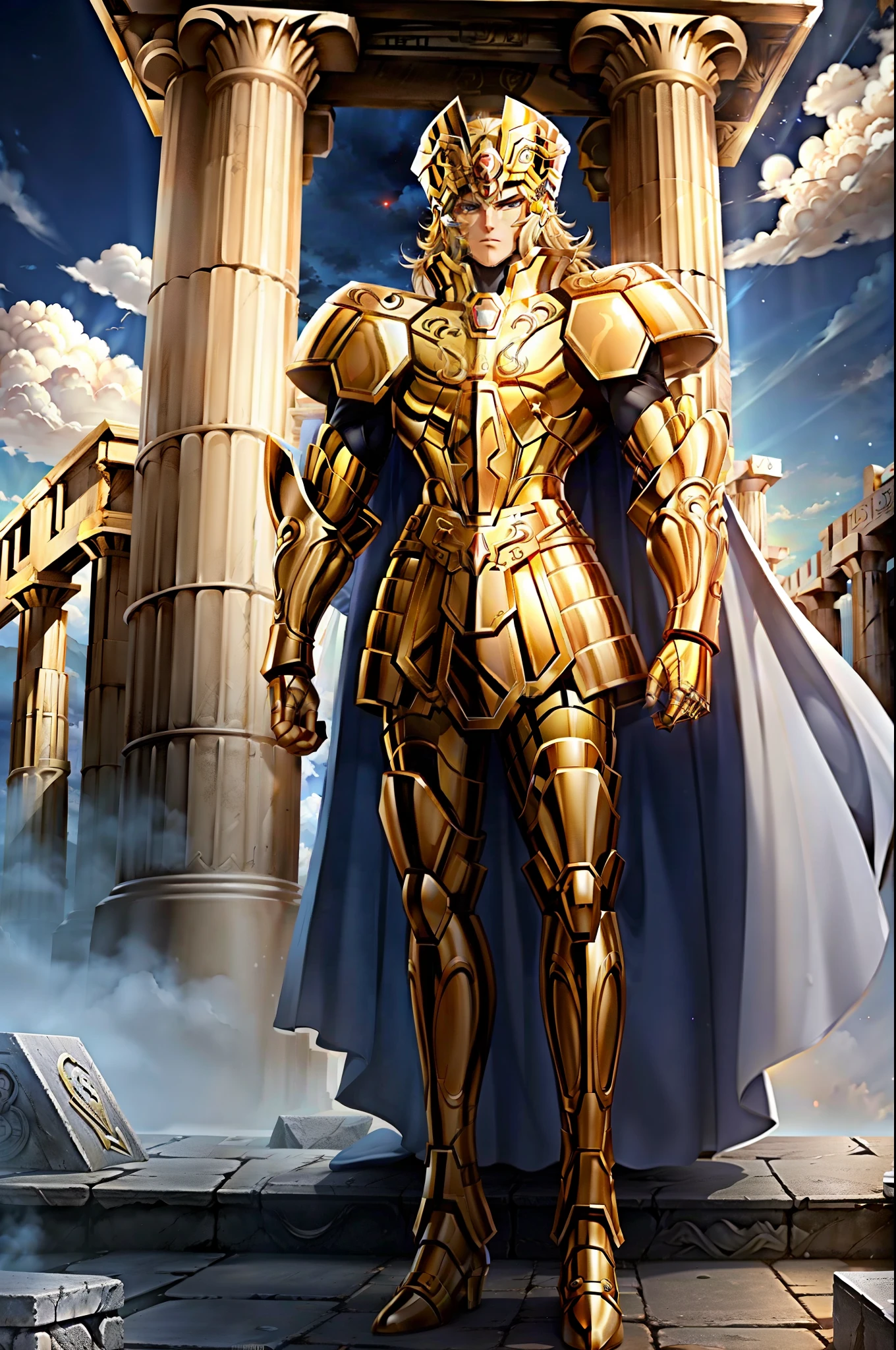 Gemini Armor, gold armor, Henry Cavill as 1boy, armor, Dramatic skies, looking at the audience, armor, Shut up, Upper Body, Serious, helmet, On the Greek temple bridge, Japanese cartoons, whole body. Go to the audience, boots