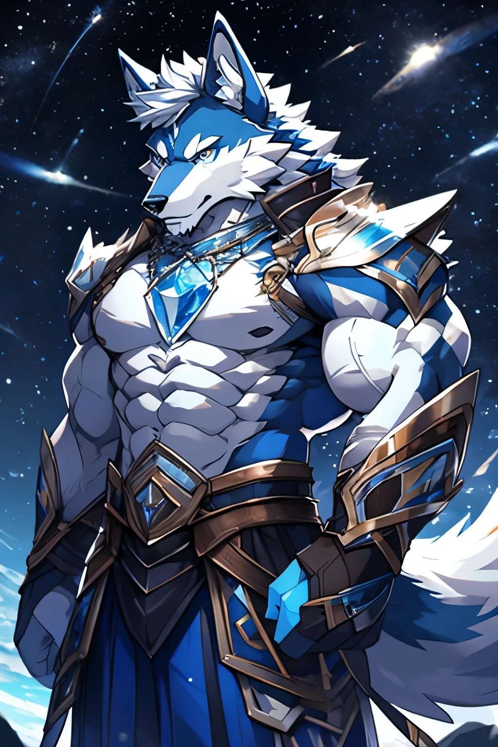 A furry muscular male blue and white wolf wath cristal hornes alone