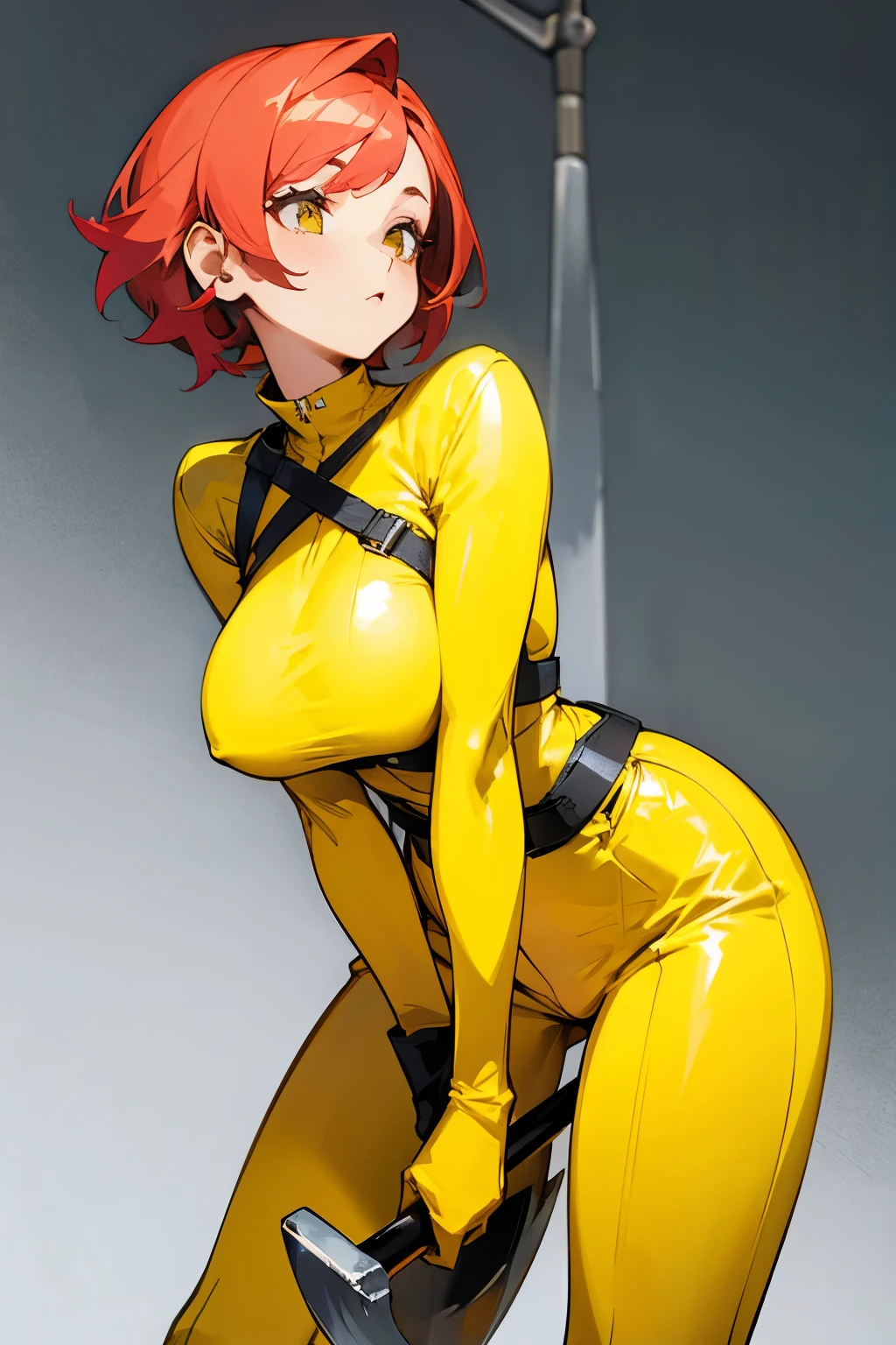 Girl, short colored hair pulled up, yellow clothes, holding a shovel in her hand, big breasts.