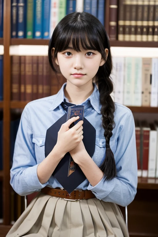 A -yeld giwith waist-length black hair tied into a single braid, a slightly round face, and jet-black eyes.
She is wearing a collared shirt and has a hardcover novel in her hand.
Her tea-colored cover had writing that looked like a grimoire, and she was looking at it.
Super realistic illustration.
Full body image
She is sitting on a chair in the library.
sad expression