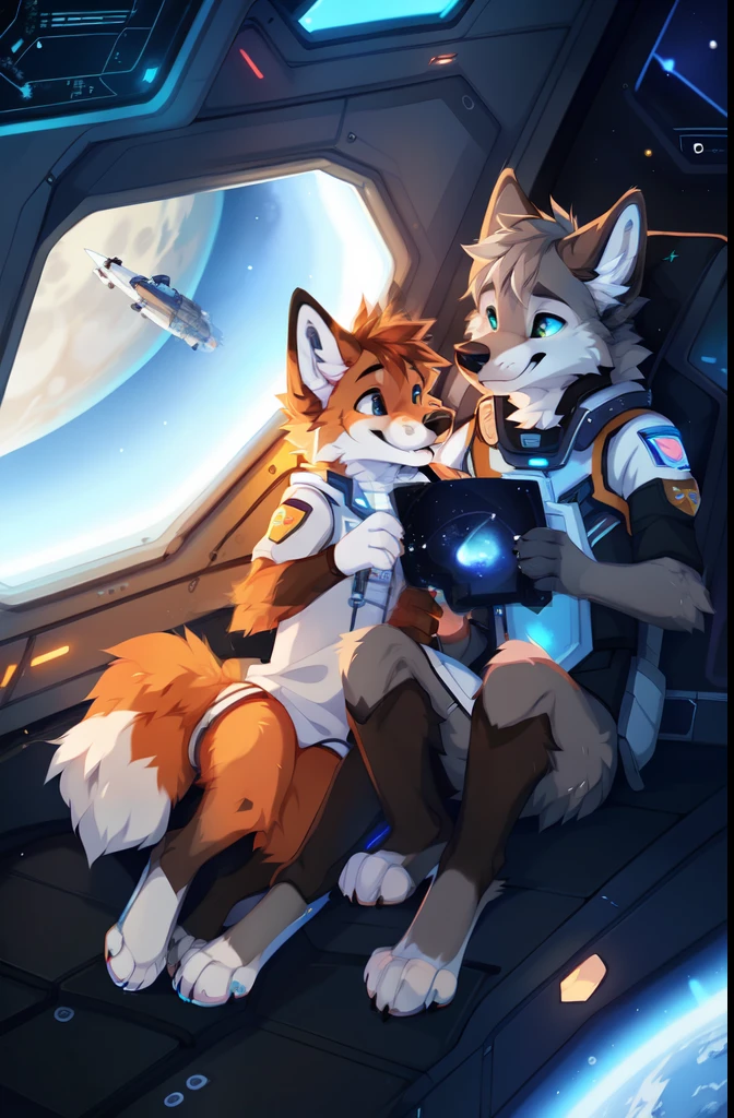 duo,full body,Male,fox,duo,Gray Wolf,brown hands,astronaut,Space,Spacecraft,Science Fiction,space station,Stellaris, ((by keihound, by reysi)), by Zackary911, by hyattlen, by fumiko, by fluff-kevlar, Furry, Anthro,