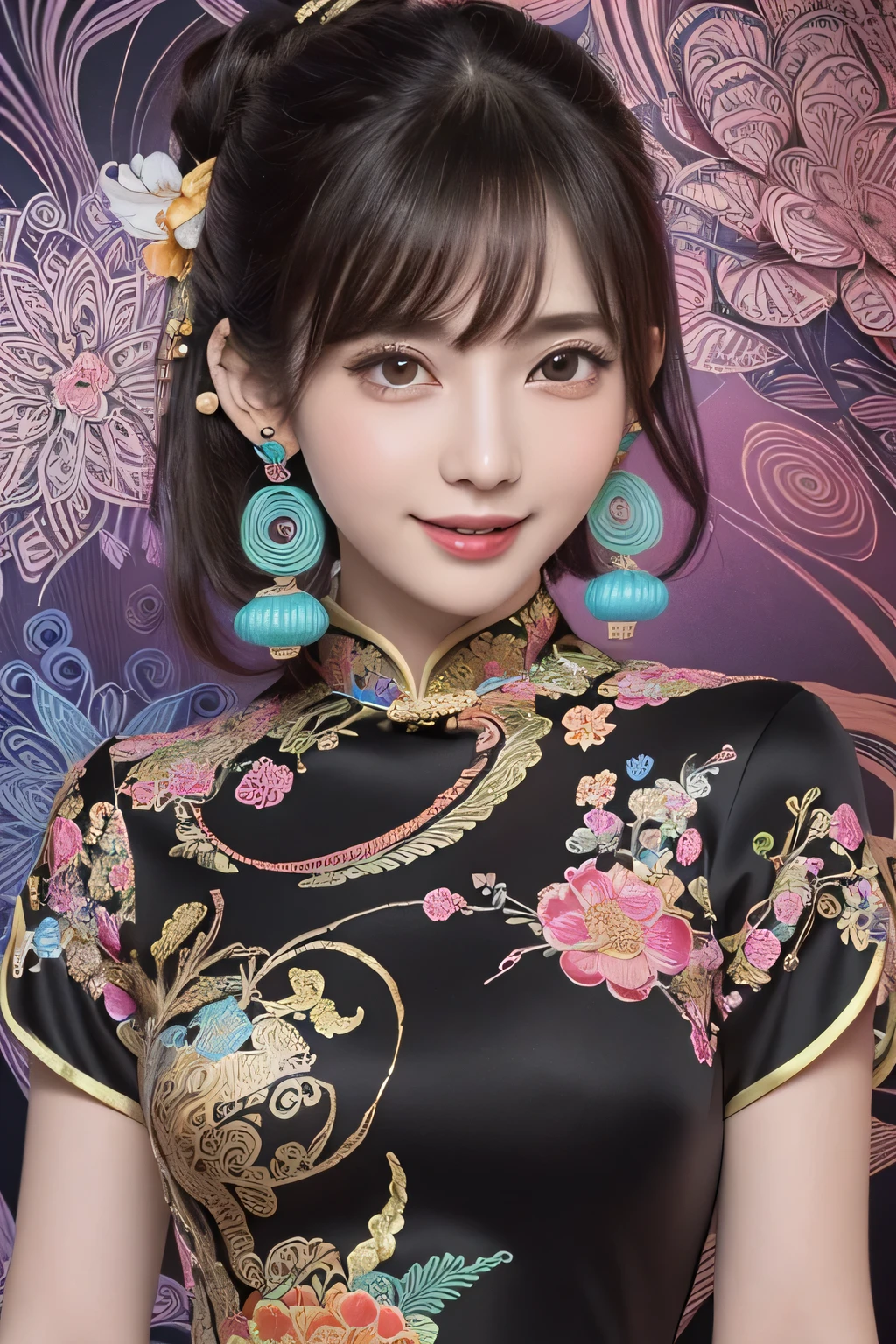 (masterpiece, top quality, best quality, official art, beautiful and aesthetic:1.2), (1girl:1.3), extremely detailed,(fractal art:1.1),(colorful:1.1)(flowers:1.3),highest detailed,(zentangle:1.2), (dynamic pose), (abstract background:1.3), (black chinese dress:1.4), (shiny skin), (many colors:1.4), ,(earrings:1.4),big eyes,(realistic sprited away yubaba:1.3) , huge shy smile