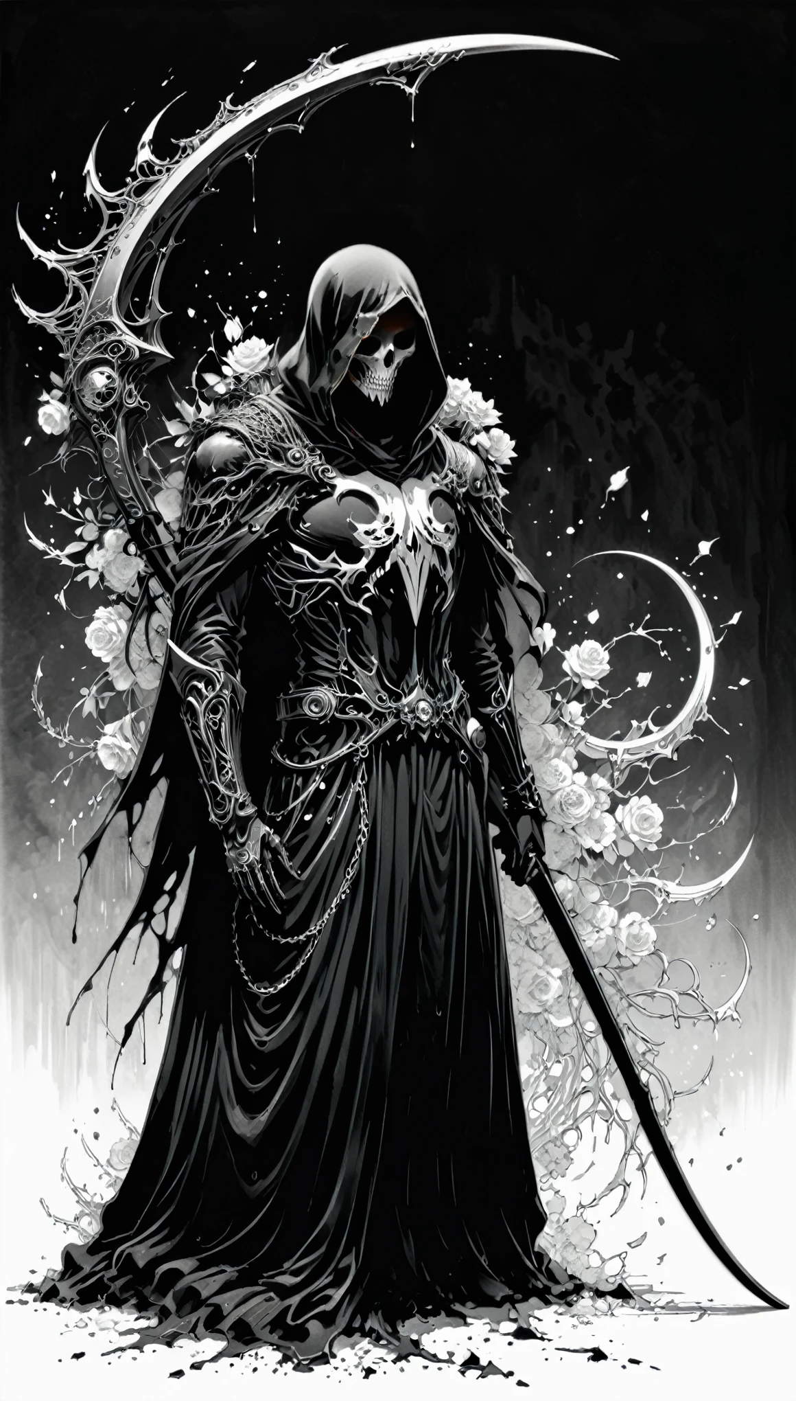(Anime line drawing:1.5),(Black and White:1.45),Minimalism,(Line Art:1.6),sketch,charcoal drawing,in style of Nick Veasey,by Hirohiko Araki,
BREAK
Black Reaper,(broken torn cape:1.4),the lines of movement of the wind,holding Scythe of Death,(intricate details:1.7),the fine texture of the sickle,(gorgeous and heavy scythe:1.2),epitaxial alienation of the sickle,
BREAK
(bloom:1.3),(full bloom:1.3),dodgerblue Rose,Ominous Red,the energy atmosphere of the grim reaper,
BREAK
(Blood splatter:1.3),(paint splatter:1.2),(dripping paint:1.2),insanely detailed and intricate, hypermaximalist, elegant, ornate, hyper realistic, super detailed