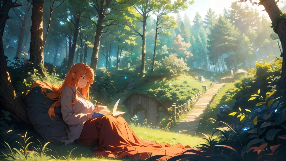 (4K images:1.3),Anime-like images,High resolution,Very beautiful illustration,A fantastic atmosphere,Beautiful girl sleeping in the forest,Elf,Ghibli-inspired design,Hair color is orange