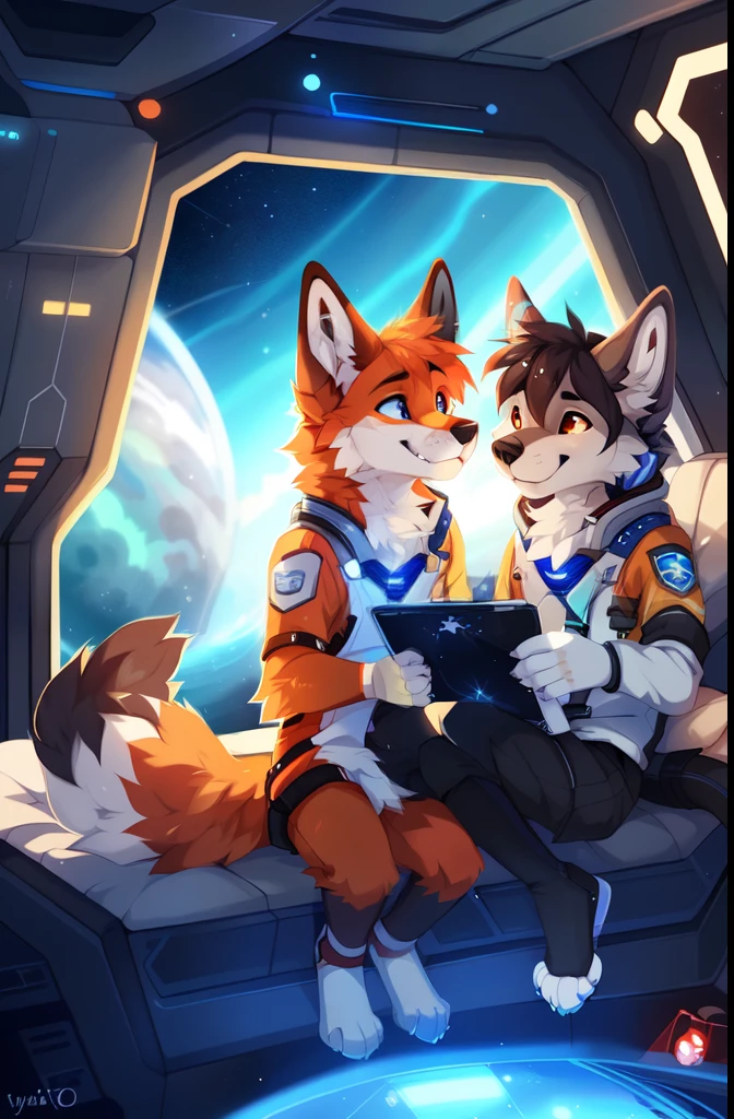 duo,full body,Male,fox,duo,Gray Wolf,brown hands,astronaut,Space,Spacecraft,Science Fiction,space station,Stellaris, ((by keihound, by reysi)), by Zackary911, by hyattlen, by fumiko, by fluff-kevlar, Furry, Anthro,