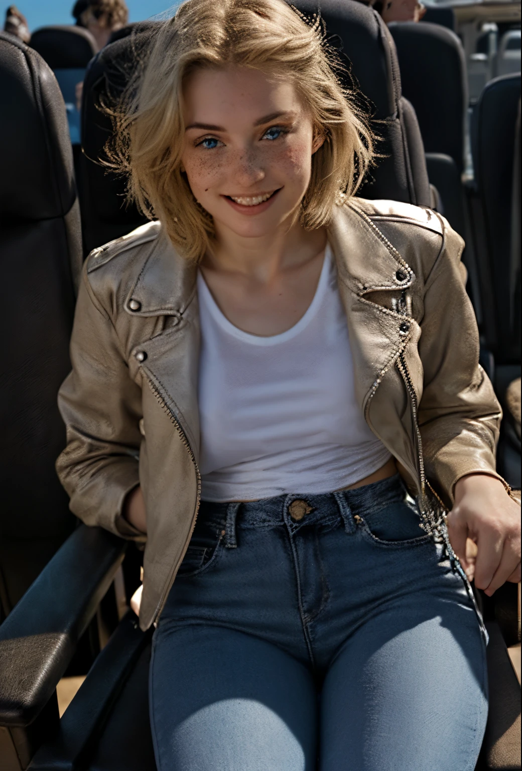 A 21-year-old girl named Kate with short blonde hair, beautiful medium-sized breasts, and a height of 1.60 meters. She has a British white style and light blue eyes. Kate is beautiful, with an angelic face and freckles around her nose. She is wearing a beige women's leather jacket with a white shirt, very light jeans, and white sneakers. Kate is sitting in a cinema chair with a bucket of popcorn in her lap, paying attention to the movie. Kate is happy