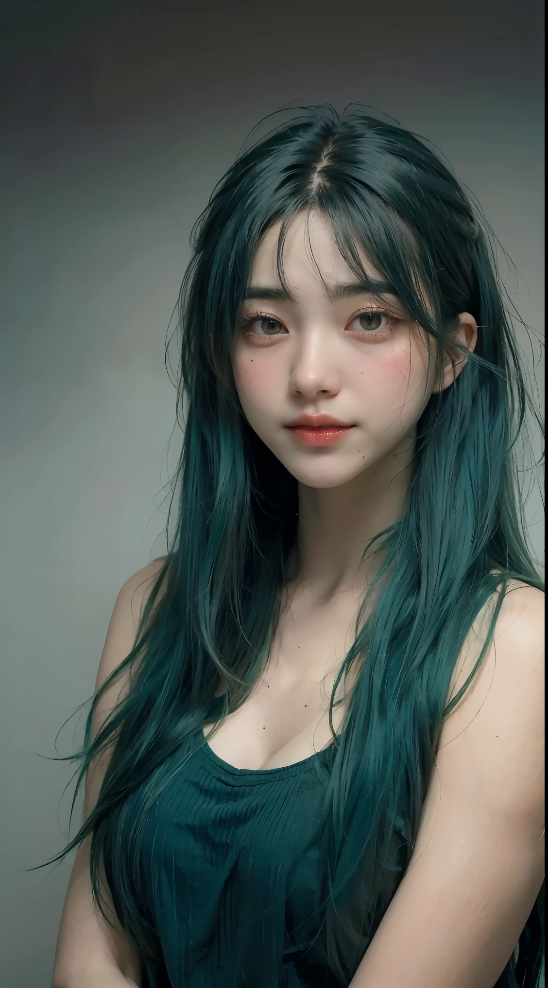 Masterpiece, best quality, 1 girl, alone, 23 years old, adult, Teal and green hair, messy hair, I'm not symmetrical., Ahoge, very short hair, tear, Medium bust, compact, 167 cm, Pale skin, glasses, smile, olive green shirt, jeans, midriff looking,