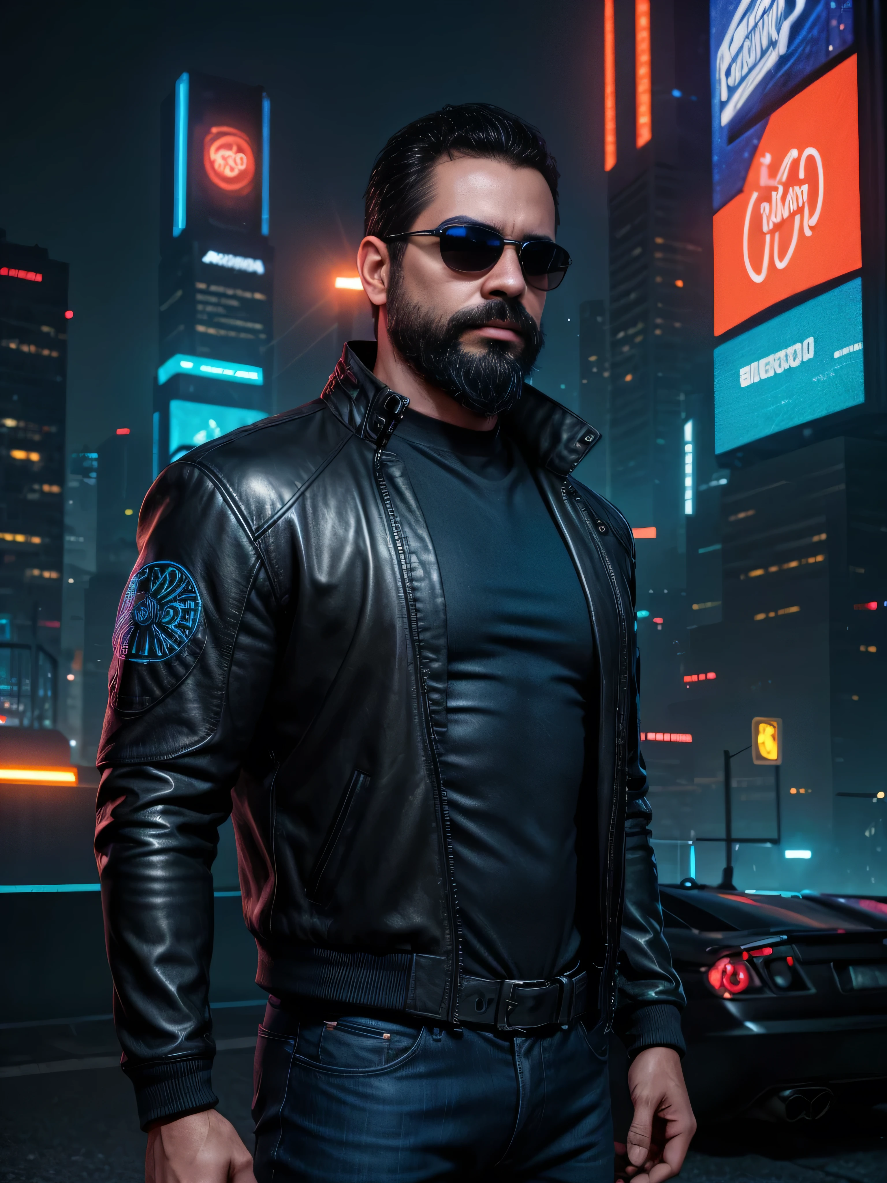 Create a highly detailed and ultra-realistic digital artwork of a very masculine 38-year-old man with a beard and wearing dark sunglasses. He is shown from the waist up in a medium shot. The man is standing in a cyberpunk cityscape at night, illuminated by neon lights. He is wearing a sleek, futuristic leather jacket with glowing blue circuitry patterns and a dark shirt underneath. The background features towering skyscrapers with holographic advertisements, flying cars, and a vibrant mix of colors from various light sources. The overall atmosphere is gritty yet vibrant, capturing the essence of a futuristic urban environment