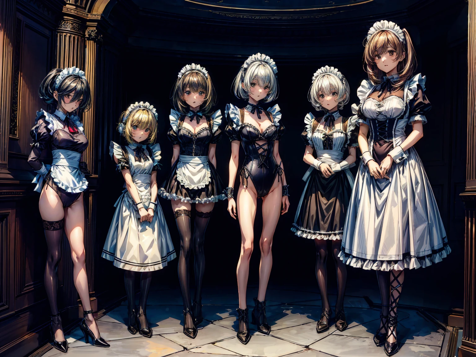(Perfect Anatomy:1.2, highest quality),(Maid leotard details:1.6),(Five Girls:1.6),Long Hair:1.5, (Short sleeve, Thighs,Maid Cufflinks),,Hypno Lola, Hollow Eyes,High heel lace-up boots,Dark aura,(Leotrad),,From below,love for viewers,Looking down,(whole body:1.4),View Viewer, Rubble pile