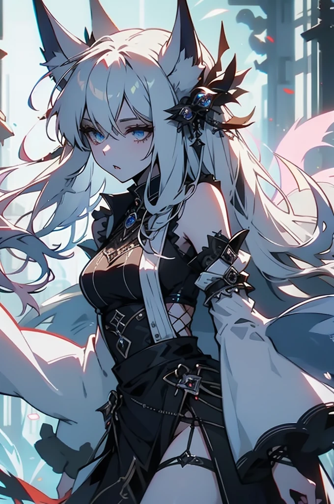 injured woman,torn clothes,dirty,nine tails,fox ears, silver hair,crystal and silver entanglement
