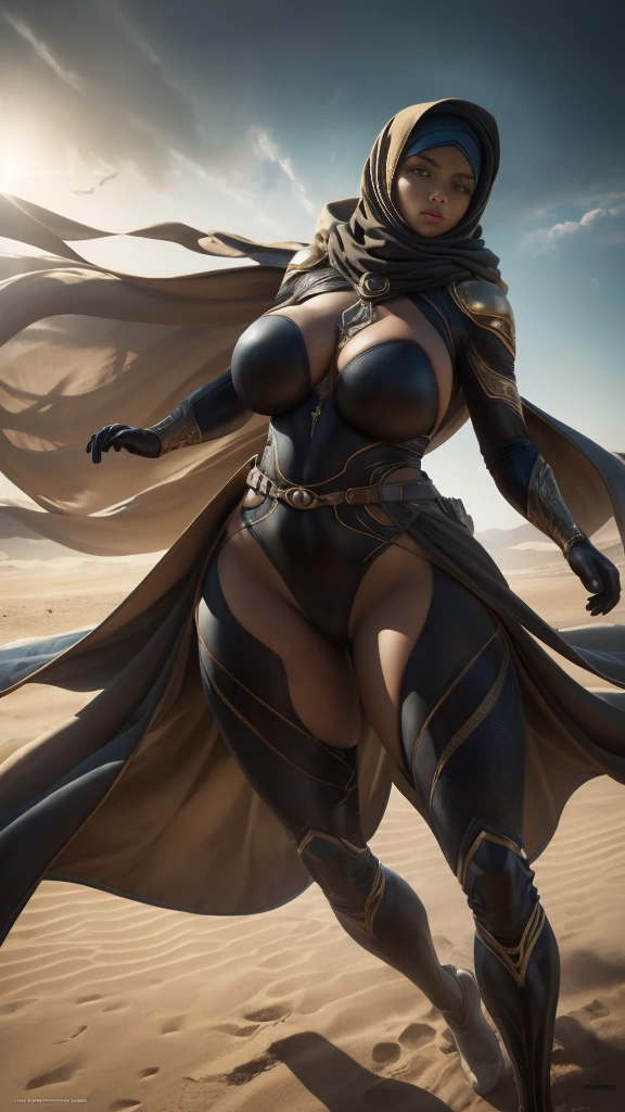 a digital illustration portraying a girl clad in an intricately designed Fremen suit reminiscent of the universe in Frank Herbert's "Dune." The suit boasts meticulous detailing, showcasing its desert-friendly features, including sand-resistant layers, functional utility belts, and a protective headscarf. Against the backdrop of a ferocious desert storm, she stands defiant, the tempest swirling around her. The artwork adopts a hyperrealistic style, accentuating the tactile feel of the suit's texture and the dramatic contrast of light and shadow in the midst of the storm, (Thick thighs:1.3), (huge breasts:1.3), ((CHUBBY:1.2))