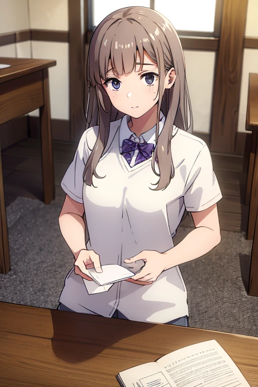 best quality,4k,8k,highres,masterpiece:1.2)brown hair, lilac eyes, alone, wears school uniformn