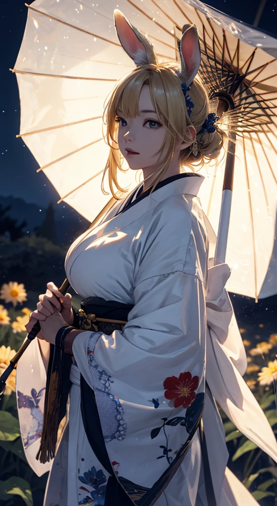 masterpiece, high quality, 4K, Beautiful design, silhouette，blonde， 非常に詳細な夜のStarry Sky,Flower Field， wonderful, Finer details,  Very knowledgeable woman, Highly detailed solo, 1 female,Bunny ears，Big Breasts，White kimono，Japanese Umbrella，rain，Night view，Starry Sky，full moon，