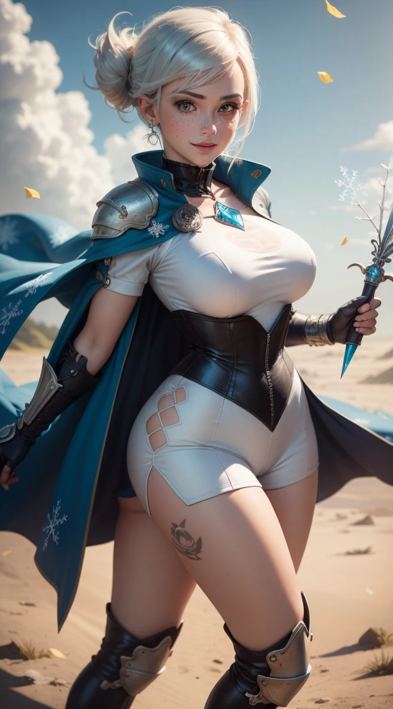 gwen tennyson,1girl,tracer,bulma,rebecca chambers,overwatch,atelier ryza,close up,fantasy castle view,tattoos,blue and white plugsuit,white short sleeve knight top,snowflake embroidery knight armor,lycra micro shorts,snowflake embroidery corset, short hair,princess makeup,green eyes, multicolored silver hair,long dress train,fierce smile,freckles,beautiful girl,knight thigh high boots,large breasts,8k,ultra detailed,realistic,fantasy art,royal knight uniform,snowflake hair pin,ear piercings,snowflake hand and neck jewelry,(weather:windy),long royal blue knight cape,holding a crystal sword,petals flying, (chubby:1.2)