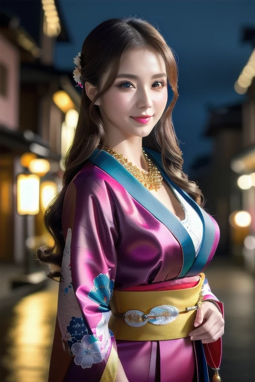 a beautiful russian woman in her 20s, light brown hair, fine white skin, attractive face, tight waist, cleavage, smiling kindly, wearing stylish clothes and necklace, active posing, detailed eyes, nose, lips, long eyelashes, perfectly balanced body, rough hairstyle, (best quality,8k,highres,masterpiece:1.2),ultra-detailed,(realistic,photorealistic,photo-realistic:1.37),HDR,UHD,studio lighting,ultra-fine painting,sharp focus,physically-based rendering,extreme detail description,professional,vivid colors,bokeh,portrait,beautiful night scenery,kimono,geisha，Kimono of the near future
