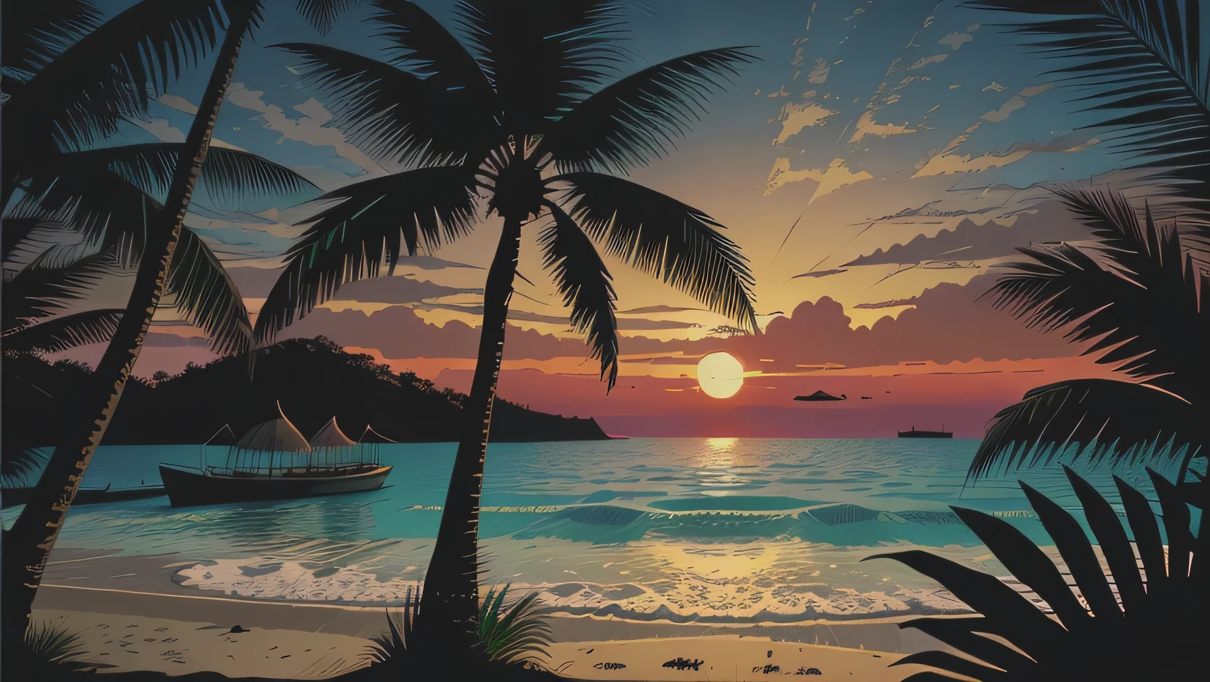 Musical tropical vector illustration of a beach sunset, In the style of Dan Mumford, Vintage aesthetic, Nature-inspired artwork, Dark and gloomy landscape, tropical landscape,Palm tree,Seaside