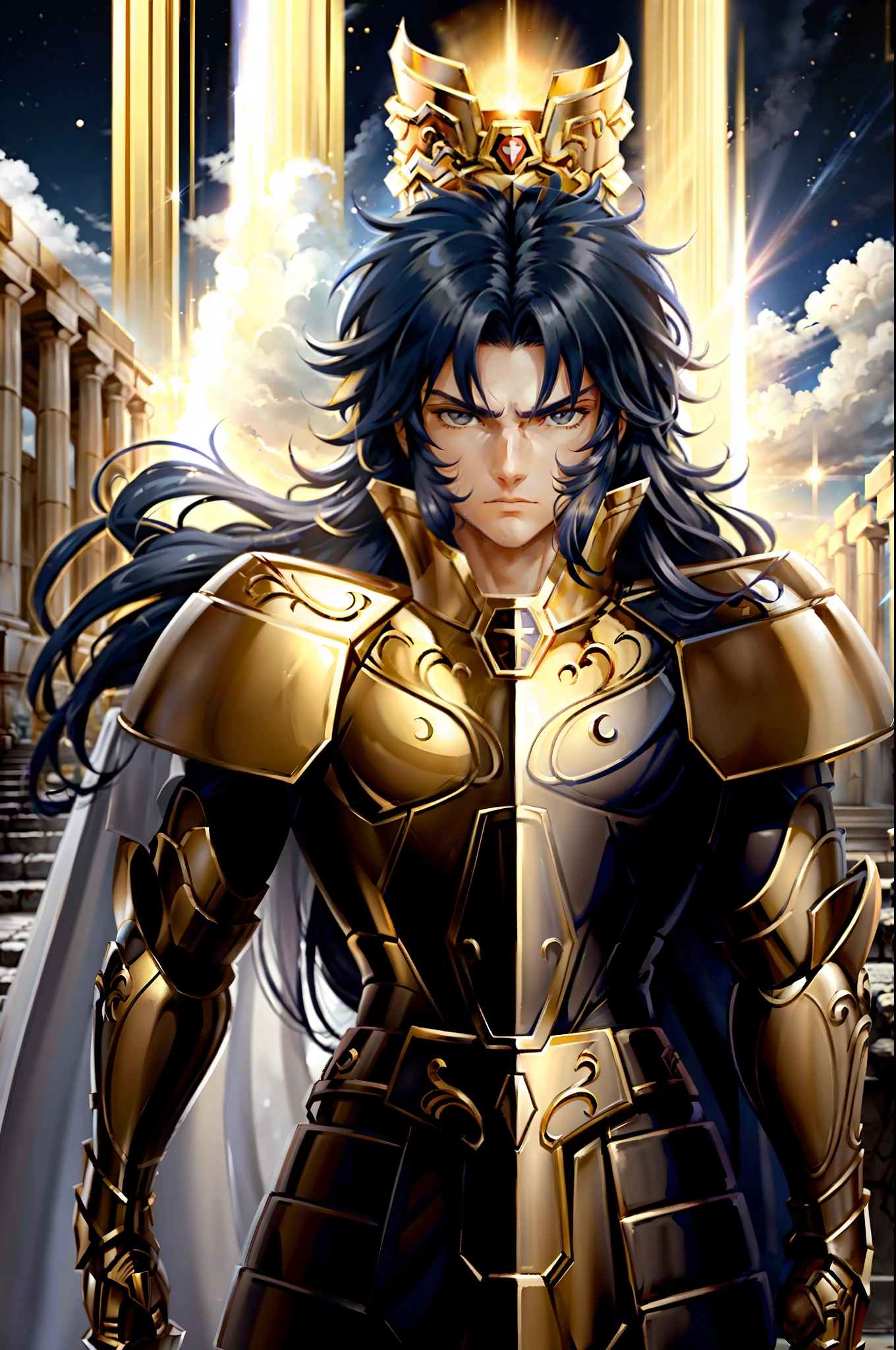 Gemini Armor, gold armor,Dark blue hair, Henry Cavill as 1boy, armor, Dramatic skies, looking at the audience, armor, Shut up, Upper Body, Serious, helmet, On the Greek temple bridge, Japanese cartoons, whole body. Go to the audience, boots