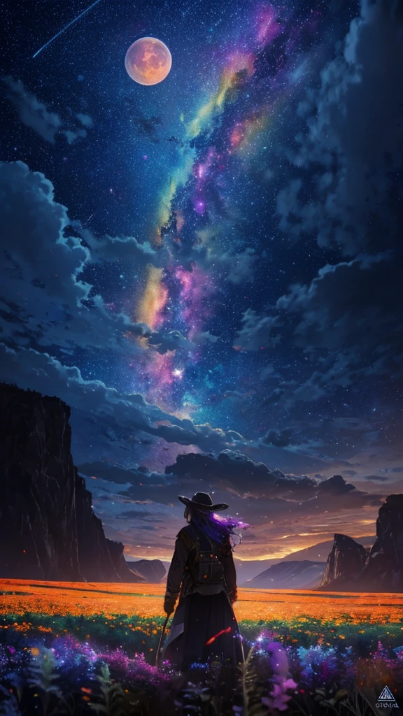 Vast landscape photography, (View from below, The sky is above、The field is:), Girl standing in a flower field looking up, (full moon: 1.2), (meteor: 0.9), (nebula: 1.3), Distant Mountain々 , Tree Break Craft Art, (warm Light: 1.2), (fire Fly: 1.2), Light, Lots of purple and orange, Intricate details, volume Lighting, Realism Break (masterpiece: 1.2), (highest quality), 4K, Very detailed, (moving composition: 1.4), Very detailed, Colorful details, (Rainbow-colored: 1.2), (glow Lighting, atmosphere Lighting), dream-like, magic, (alone: 1.2)