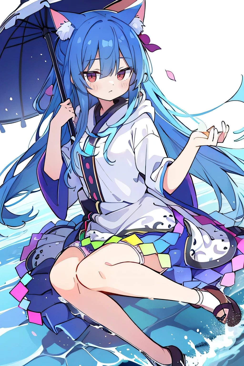 (masterpiece:1.2),Super detailed,lifelike,Expressive eyes,fair skin,perfect face shape,1 girl,
Japanese comics,Gorgeous blue hair,flowing blue hair,flowing clothes,Cat ears,Petals fall,beautiful lola,Baby Angel,
Shaking head with one hand,Cross your legs,Gentle and peaceful background,The pavilion is cool and comfortable,smile, wearing hoodie, background of tokyo,back views,snowing, winter,lie on the water.