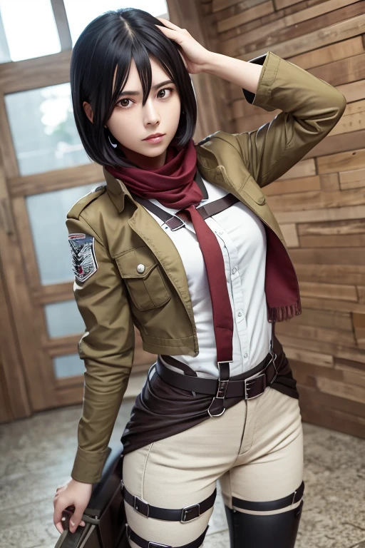 AOT Style, shingeki no kyojin, Mikasa Ackerman, One girl, Arm strap, bangs, Black Hair, black pants, chest, Cowboy Shot, embers, Green Eyes, Gray background, Hair between the eyes, Harness, Long sleeve, View Viewer, medium chest, pants, red scarf, scarf, shirt, short hair, cigarette, alone, Thigh straps, Brown jacket, white shirt, Research team \(Symbolism\) , ((masterpiece)), highest quality ,