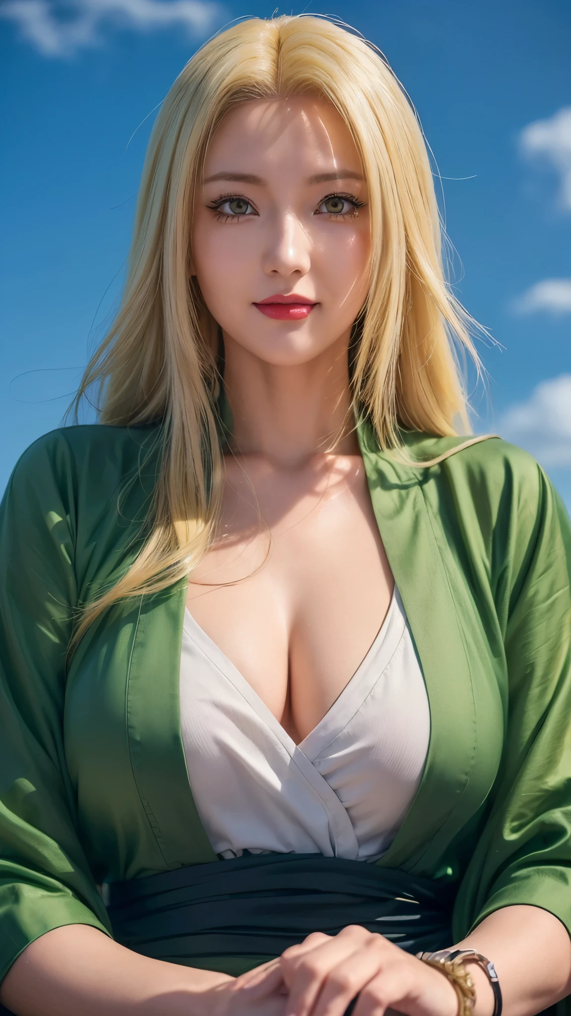 (female,anime,Anime Shippuden,tsunade:1.1),(long hair,yellow hair),(yellow eyes,beautiful detailed eyes,realistic eyes:1.1),(smile,beautiful detailed smile:1.1),(green clothes,realistic clothes),(city background,urban scenery),(ultra detail,extremely detailed:1.2),(realistic,photorealistic:1.37),(red lips,vivid red lips)