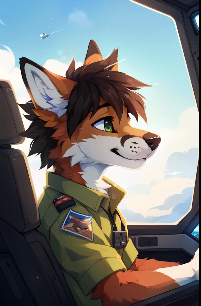 solo,full body,Male,fox,green eyes,brown hands,pilot,F22 fighter,Sky,Aircraft cockpit,air force,Blue sky and white clouds,Stellaris, ((by keihound, by reysi)), by Zackary911, by hyattlen, by fumiko, by fluff-kevlar, Furry, Anthro,